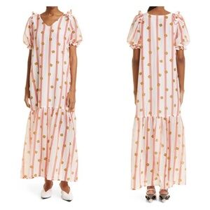 LISOU | Stripe Ruffle Cotton Silk Maxi Dress Red Yellow Falling Flower